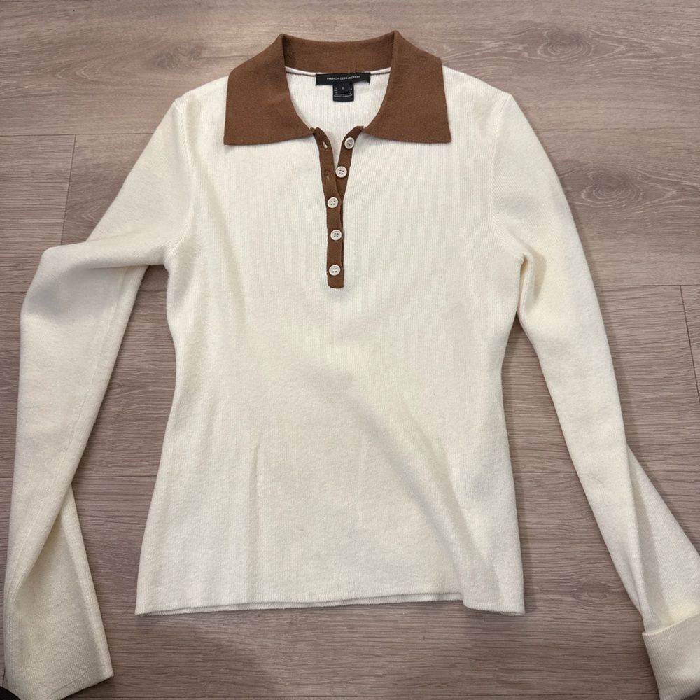 Like new elegant soft cream with brown polo collar French connection sweater